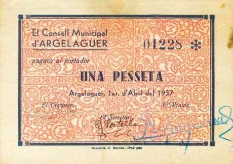 Аверс банкноты 1 peseta Argelager (Spain) 1937