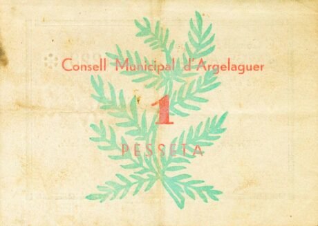 Реверс банкноты 1 peseta Argelager (Spain) 1937