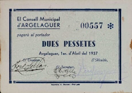 Аверс банкноты 2 песеты Аргелагер (Испания) 1937 года