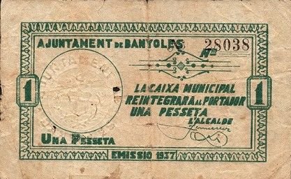 Аверс банкноты 1 песета баньолес (Испания) 1937 года