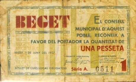 Аверс банкноты 1 peseta Beget (Spain) 1937