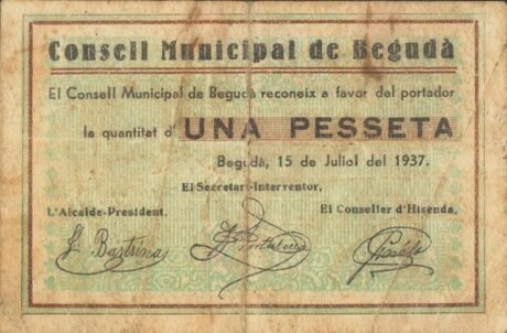 Аверс банкноты 1 peseta Beguda (Spain) 1937