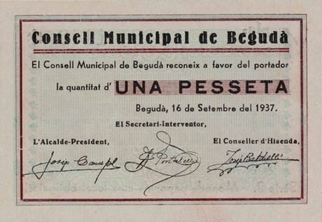 Аверс банкноты 1 peseta Beguda (Spain) 1937