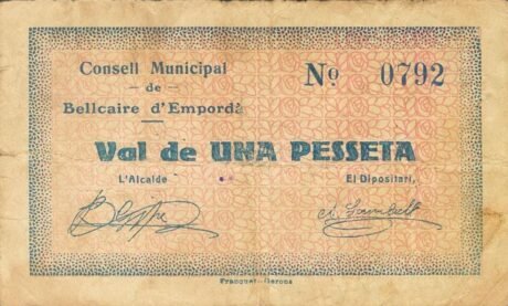 Аверс банкноты 1 песета Белкайр д'Эмпорда (Испания) 1937 года