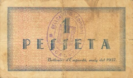 Реверс банкноты 1 песета Белкайр д'Эмпорда (Испания) 1937 года