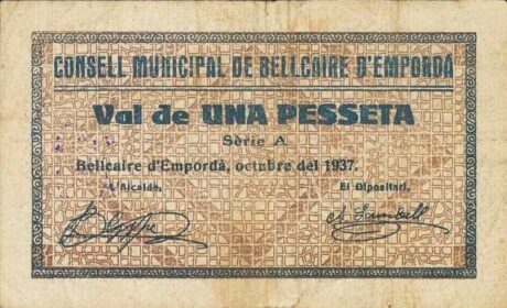Аверс банкноты 1 peseta Belcair d'Empordà (Hiszpania) 1937