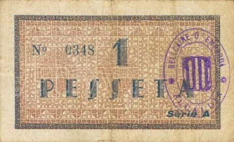 Реверс банкноты 1 peseta Belcair d'Empordà (Hiszpania) 1937