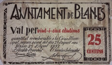 Awers banknotu 25 centymów Blanes (Hiszpania) 1937