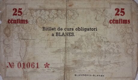Rewers banknotu 25 centymów Blanes (Hiszpania) 1937