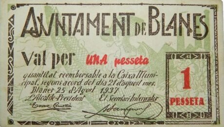 Аверс банкноты 1 peseta Blanes (Hiszpania) 1937