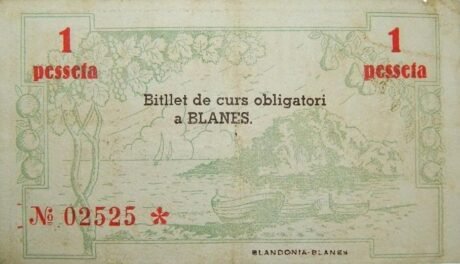 Реверс банкноты 1 peseta Blanes (Hiszpania) 1937