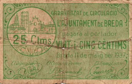 Аверс банкноты 25 сантимов Бреда (Испания) 1937 года