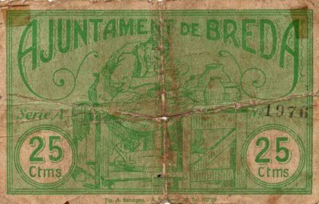 Реверс банкноты 25 сантимов Бреда (Испания) 1937 года