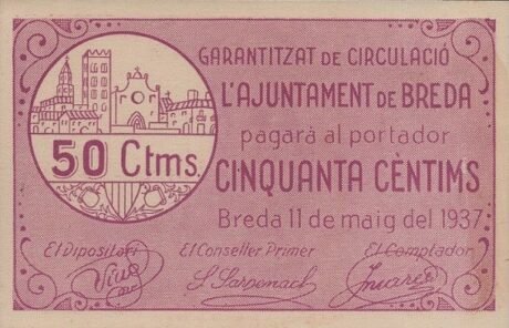 Аверс банкноты 50 сантимов Бреда (Испания) 1937 года