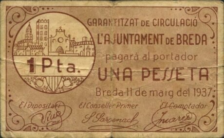 Аверс банкноты 1 песета Бреда (Испания) 1937 года