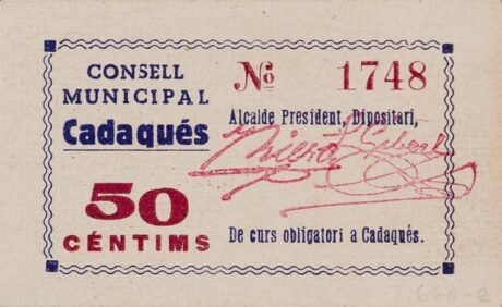 Аверс банкноты 50 сантимов Кадакес (Испания) 1936 года