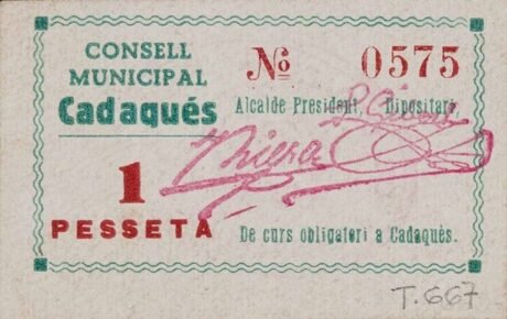 Аверс банкноты 1 песета Кадакес (Испания) 1936 года