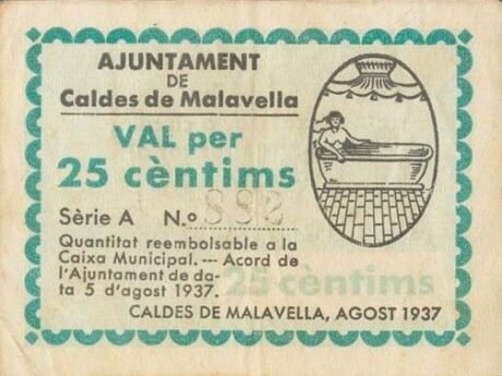 Аверс банкноты 25 centymów Caldes de Malavella (Hiszpania) 1937