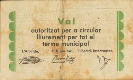 Реверс банкноты 50 сантимов Кальдес де Малавелья (Испания) 1937 года