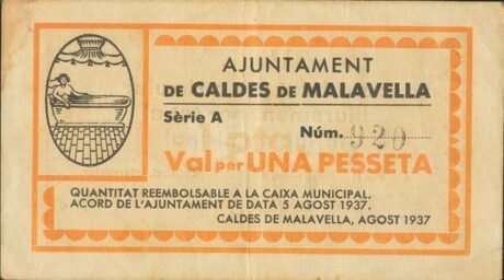 Аверс банкноты 1 песета Кальдес де Малавелья (Испания) 1937 года