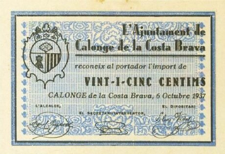 Аверс банкноты 25 centymów Calonge de la Costa Brava (Hiszpania) 1937
