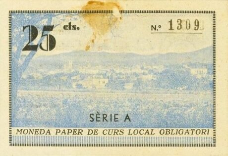 Реверс банкноты 25 centymów Calonge de la Costa Brava (Hiszpania) 1937