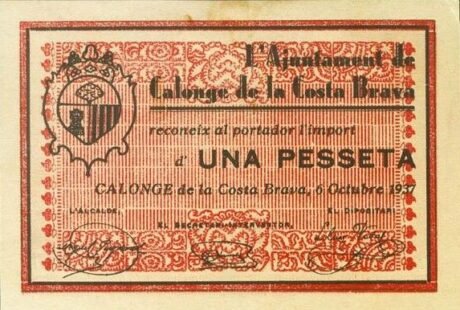 Аверс банкноты 1 peseta Calonge de la Costa Brava (Hiszpania) 1937