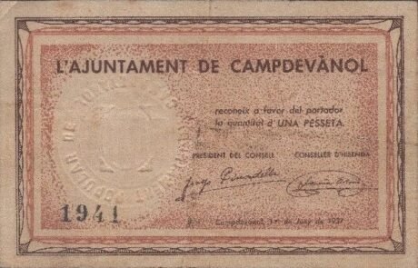 Аверс банкноты 1 песета Кампдеванол (Испания) 1937 года