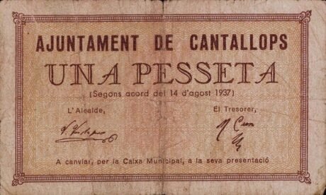 Аверс банкноты 1 peseta Cantallop (Spain) 1937