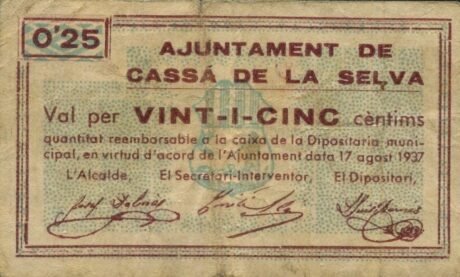 Аверс банкноты 25 centymów Cassa de la Selva (Hiszpania) 1937