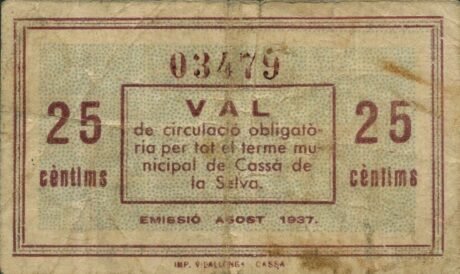 Реверс банкноты 25 centymów Cassa de la Selva (Hiszpania) 1937