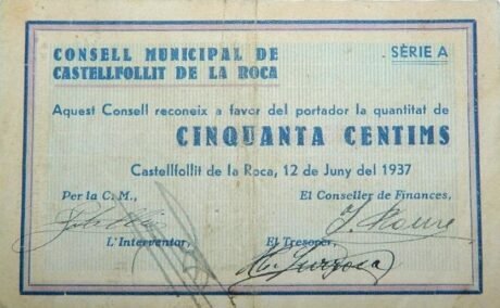 Аверс банкноты 50 centymów Castellfollit de la Roca (Hiszpania) 1937