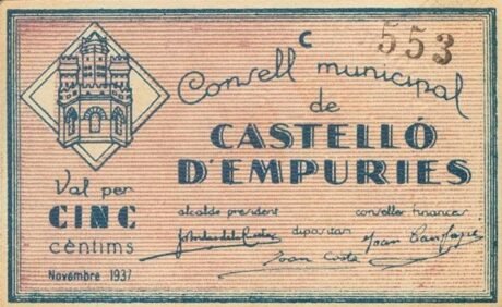 Аверс банкноты 5 centymów Castello d'Empuries (Hiszpania) 1937