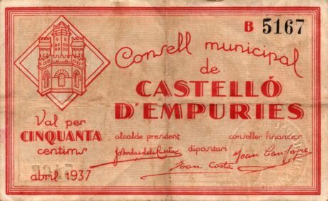 Аверс банкноты 50 centymów Castello d'Empuries (Hiszpania) 1937
