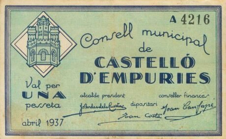 Аверс банкноты 1 peseta Castello d'Empuries (Hiszpania) 1937
