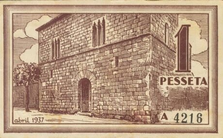 Реверс банкноты 1 peseta Castello d'Empuries (Hiszpania) 1937