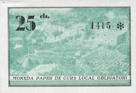 Реверс банкноты 25 сантимов Сервиа де Тер (Испания) 1937 года