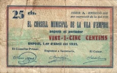 Аверс банкноты 25 Centimo Empori (Hiszpania) 1937