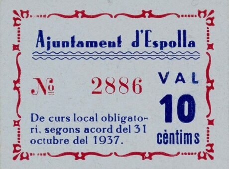 Аверс банкноты 10 сантимов Эсполья (Испания) 1937 года