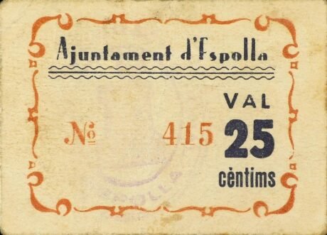 Аверс банкноты 25 centymów Espolla (Hiszpania)