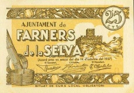 Аверс банкноты 25 centymów Farners de la Selva (Hiszpania) 1937