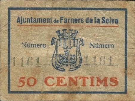 Аверс банкноты 50 centymów Farners de la Selva (Hiszpania) 1937