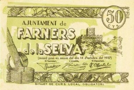 Аверс банкноты 50 сантимов Фарнерс де ла Сельва (Испания) 1937 года