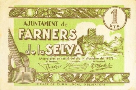 Аверс банкноты 1 песета Фарнерс де ла Сельва (Испания) 1937 года
