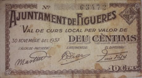 Аверс банкноты 10 сантимов Фигерас (Испания) 1937 года