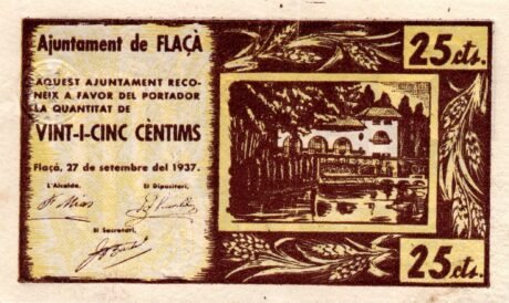 Аверс банкноты 25 сантимов Фласа (Испания) 1937 года