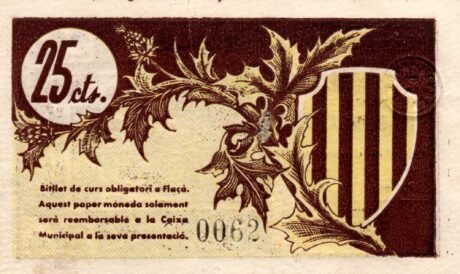 Реверс банкноты 25 сантимов Фласа (Испания) 1937 года