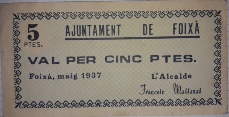 Аверс банкноты 5 pesetas Foix (Spain) 1937