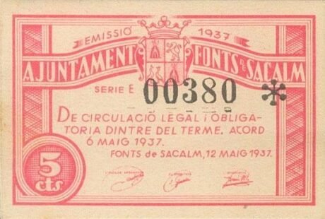 Аверс банкноты 5 centymów czcionek Sacalm (Hiszpania) 1937