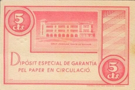 Реверс банкноты 5 centymów czcionek Sacalm (Hiszpania) 1937